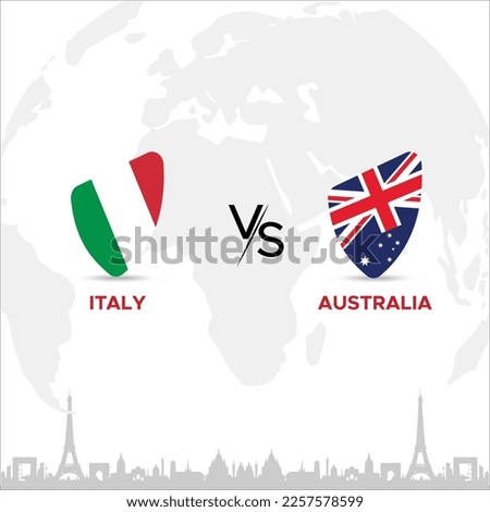 Italy vs Australia Creative Rugby Ball or Badge in flag design on France skyline background for a sports tournament, this vector for sports match template or banner in vector illustration. Editable EP