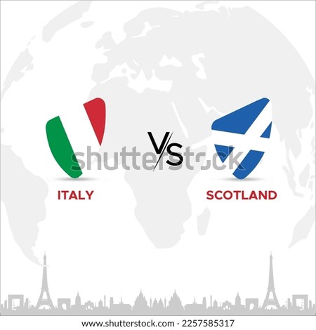 Italy vs Scotland Creative Rugby Ball or Badge in flag design on France skyline background for a sports tournament, this vector for sports match template or banner in vector illustration. Editable EPS