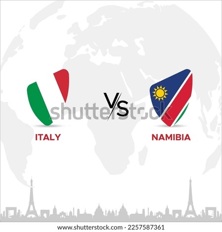 Italy vs Namibia Creative Rugby Ball or Badge in flag design on France skyline background for a sports tournament, this vector for sports match template or banner in vector illustration. Editable EPS.