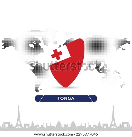 Tonga Creative Rugby BallBadge in flag design on France landmarks background for a sports tournament, this vector for sports match template or banner in vector illustration. Fully editable EPS.