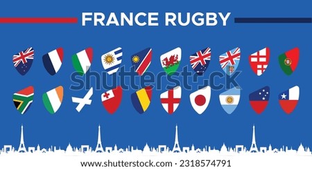 Icon set with the creative national teams flag for the 2023 rugby competition. Each participants world championship icon. Vector collection.
