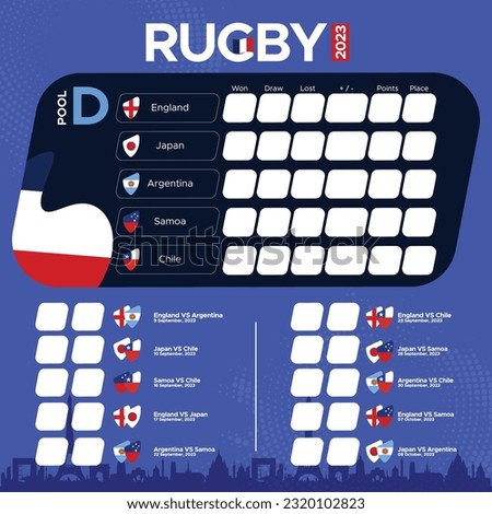 Rugby World cup 2023, Pool D matches schedule. Rugby Style Vector Flags of England, Japan, Argentina, Samoa, Chile.