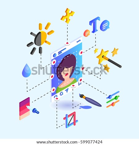 Instruments for photo editing instruments for a social network. Isometric vector illustration.