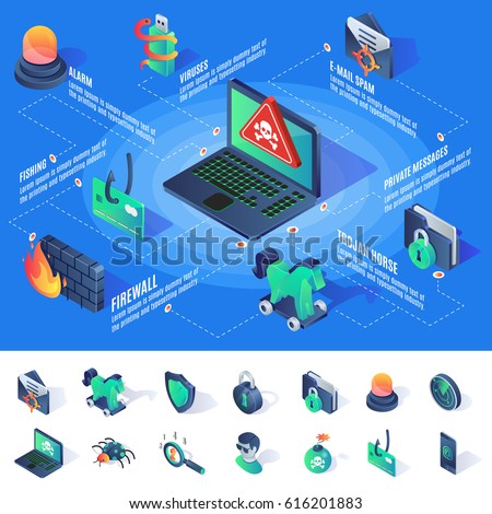 Isometric cyber security infographics with icons  on blue background 