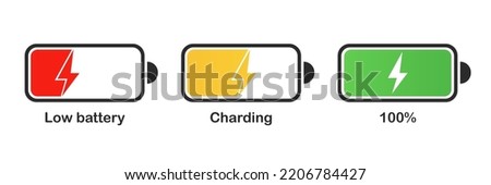 Charging process, low battery, charging, 100% on white background. Vector illustration
