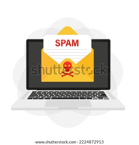 Spam email concept. Spam message on laptop screen. Warning and alert spam notification. Envelope with spam. Vector illustration