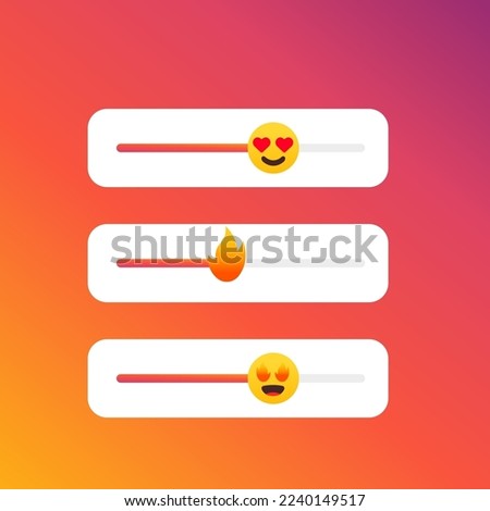 Emoji Stories social media sticker slider. Social Media gradient background icon template. Social media Stories screen user interface button design, fire, anger, liked. Vector illustration