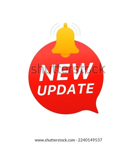 Modern label New update. Web banner element, new update with bell. Modern notification banner. Announcement of a new update. Isolated on a white background. Vector illustration