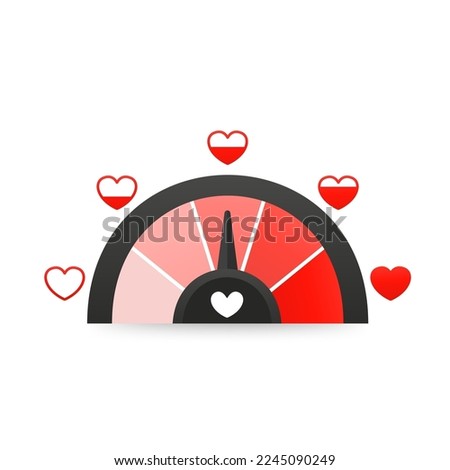 Love meter in speedometer design. Heart symbols and pointer. Love thermometer, passion scales, romance measurement gauge for love meter concept. Vector illustration