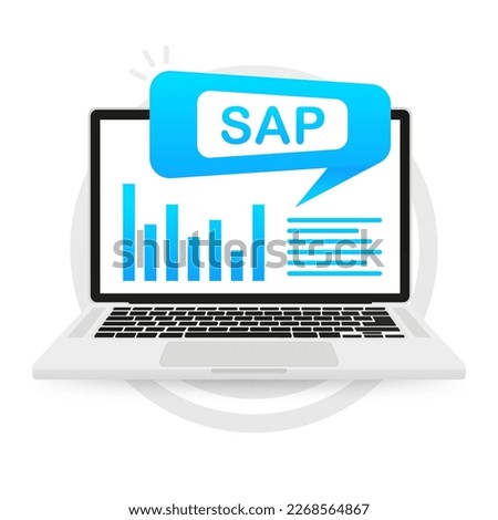 SAP Business process automation software on laptop screen. Different graphic icons. Business automation software. Vector illustration