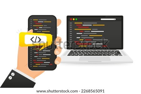Concept of programming coding application development with virtual screens of laptop and phone. Code programming, programming language. SEO. Search engine. Vector illustration