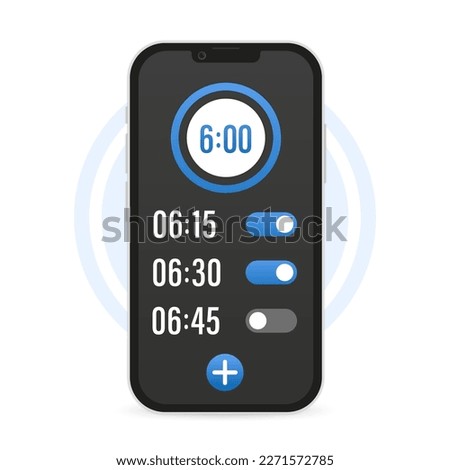 Mobile phone watch widget interfaces. Clock user interface. Alarm stopwatch timer. Mobile wake up application page blue design layout. On, turned off. Setting up screen alarm. Vector illustration