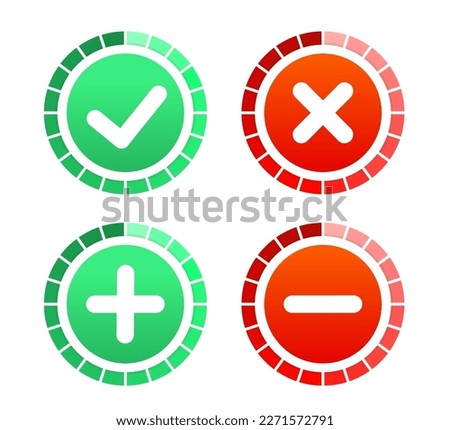 Permission buttons set. Flat design. Test question. Green Check Mark and Red Cross in two variants (square and rounded corners). Vector illustration