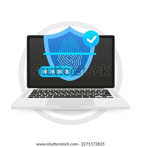 Laptop Biometric fingerprint password with padlock and shield icon. Touch ID. Password interface to log in. Cyber security, data protection and privacy concept. Vector illustration