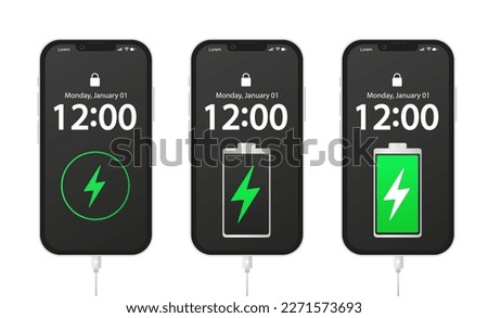 A set of smartphones with different charging designs.Mobile phone screen with full, medium and low battery indicators. Electricity accumulators. Electricity sign. Charging wire. Vector illustration
