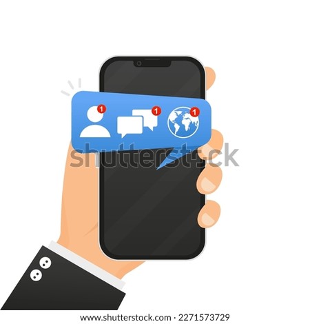 Notifications on the phone screen. New message, missed call, . Notifications for mobile apps and websites. Mobile notification, mail application. Vector illustration