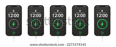 Mobile phone screen with full, medium and low battery indicators. Electricity accumulators. Electricity sign. Charging wire. Vector illustration
