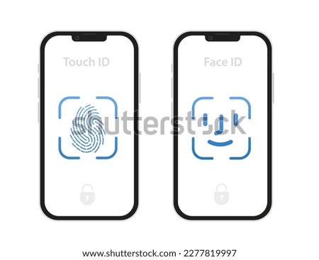 Face scanning process. Facial detection symbols. Face recognition. Biometric verification. Touch id and face id icon on mobile devices. Flat design style. Vector illustration