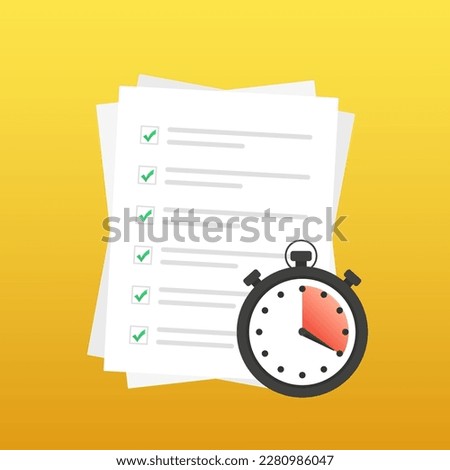 Speed and fast time symbol. Stop watch, checklist icon for service fast and shipping. Quick survey. Fast Planning and clock icon. Documents with a watch. Timer icon. Vector illustration