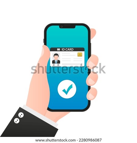 Man digital documents in smartphone. ID card, driver license in a flat design. Id card form online on website, app, using smartphone.