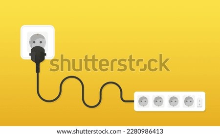 Socket environment concept. Socket and Plugs inserted in Electrical Outlet. Electric extension cord. Cable clutter. Cable management. Flat style. Vector illustration
