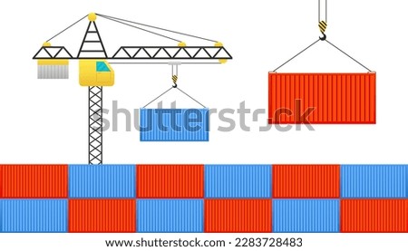 Cargo container logistic. Cargo transport container hangs on a crane hook. Import and export. The concept of worldwide shipping. Freight Shipping concept. Vector illustration