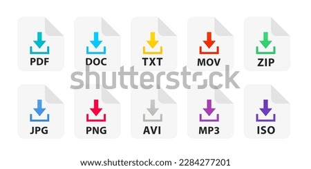 Different file format download icons. Download buttons for website or app.  File format extensions icons. Document file. PDF, MP3, TXT, DOC, ZIP, JPG, PSD, AVI, MOV, PNG, ISO. Vector illustration