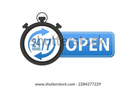 Stopwatch icon, service 24 7. 24-7 open concept vector illustration. 24 hour service icon. open 24 7. 24 hours a day and 7 days a week. . Support service. Lock logo tag icon. Vector illustration