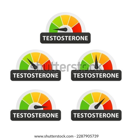 Testosterone icon on speedometer. High testosterone meter. Testosterone level meter. Increase. Hormone testosterone level measuring scale. Health care concept. Vector illustration