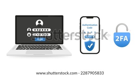 Two steps authentication concept. Verification code message on smartphone. Multi-factor authentication design. Two factor verification via laptop and phone. Security. Vector illustration