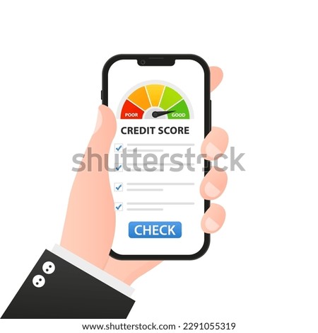 Bad credit score online on smartphone, flat cartoon mobile phone with credit history document, cellphone with financial rating personal data. Flat style. Vector illustration