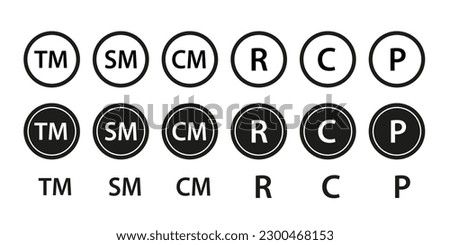 Registered trademark, copyright, and service mark symbol. Collection of intellectual property icons. Registered trademark logo. Trademark right and license. Vector illustration