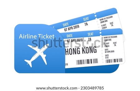 Blue airline tickets or boarding pass inside of special service envelope. Modern and realistic airline ticket design with flight time and passenger name. Concept of travel. Vector illustration