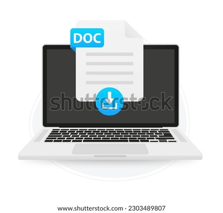 Download the laptop screen label icon DOC. Document upload concept. View, read, download DOC file on laptops and mobile devices. Banner for business, marketing and advertising. Vector illustration