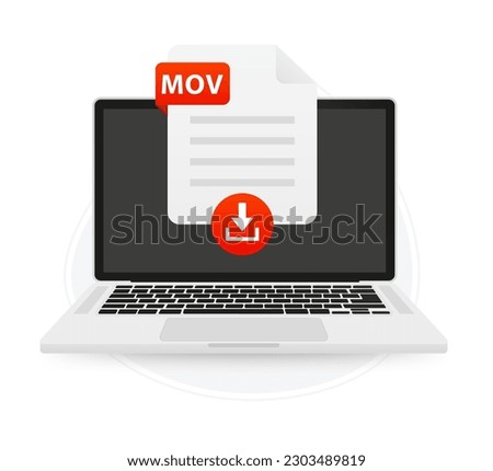 Download the laptop screen label icon MOV. Document upload concept. View, read, download MOV file on laptops and mobile devices. Banner for business, marketing and advertising. Vector illustration