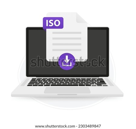 Download the laptop screen label icon ISO. Document upload concept. View, read, download ISO file on laptops and mobile devices. Banner for business, marketing and advertising. Vector illustration