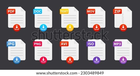 File type icons. Format and extension of documents. Set of pdf, doc, excel, png, jpg, psd, gif, csv, xls, ppt, html, txt and others. Icons for download on computer. Vector illustration