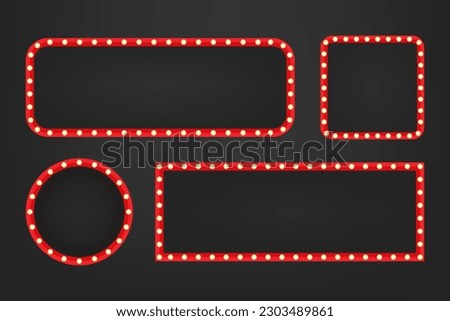 Set different shape retro bulb frame. Lightbox billboard with empty transparent background. Banner space for advertising, promotion and text, sale billboard, cinema, bar show. Vector illustration