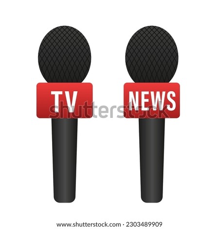 Microphones collection. Realistic microphone with shadow. Mass media, tv television show. Audio conference and interview. Broadcasting. News. Vector illustration