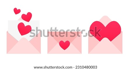Mail envelope icon set with marker new message. Render email notification with letters, paper plane. Love letter. There is a card with a heart in the envelope. Romantic letter. Vector illustration