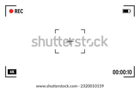 Photo or video camera viewfinder grid with many shooting settings on screen. Focusing screen of the camera. Viewfinder camera recording. Template for your design. Filming 4k. Vector illustration