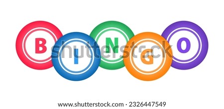 Bingo or Lottery Balls on Bingo Cards. Slogan bingo for lottery and balls. Game of chance to win for young and old. Cartoon vector logo or symbol. Vector illustration