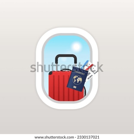 Realistic Detailed 3d Airplane Window. Suitcase and passport with tickets in the porthole of the plane. Travel and tourism concept. Design Plane Window with Luggage. Vector illustration