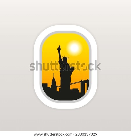 Discover the USA. Traveling the world by plane. The theme of tourism and recreation. Engaging airplane window. Modern flat vector design. New York in the window of the illuminator. Vector illustration