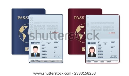 Foreign passports for men and women. Foreign passport with sample full name. Document for travel and immigration. Passport pages with sample data, photo and signature. Vector illustration