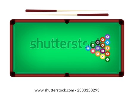 Billiard table, pool stick and billiard balls for game. Pool table with triangle, balls and cua top view. Design for billiards championship for sports game players. Vector illustration