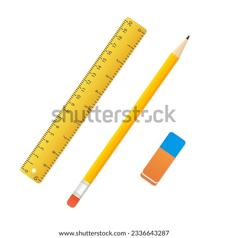 Pencil,ruler and eraser isolated on white background.Tool or equipment of write or design paper of school or office. School supplies. Wooden ruler instruments and school equipment. Vector illustration