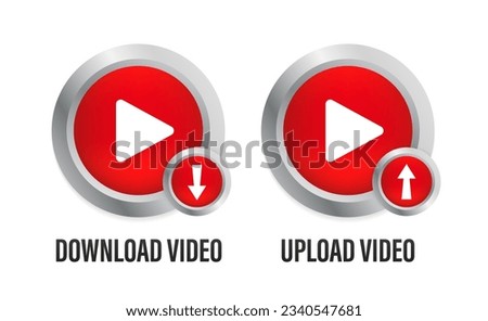 Download and upload button for video. 3D glossy button. Button for websites and banners. Vector illustration