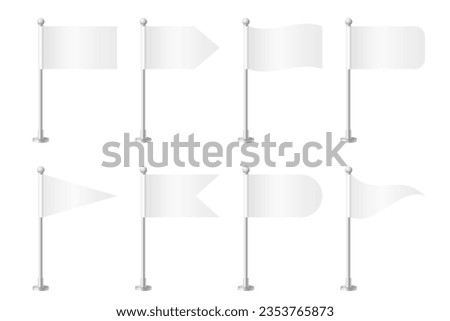 Realistic various table flags on a chrome steel pole. White blank desk flag made of paper or cloth. Shiny metal stand. Mockup flags for promotion, advertising and decoration. Vector illustration