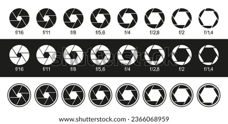 Set of black camera shutter icons on white background. Camera lens aperture with aperture value numbers. Vector illustration